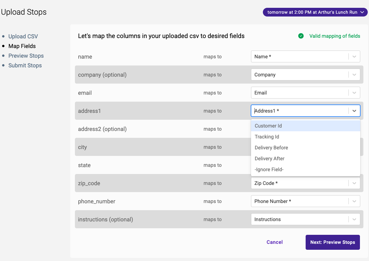 CSV Upload of Stops — illustration